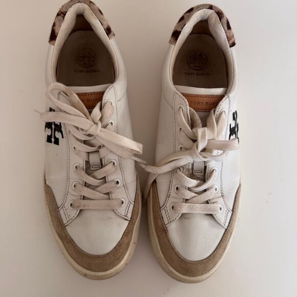 Tory Burch White Leather Andrea Color Block Logo Court Sneakers Womens Size 8 - Picture 2 of 10